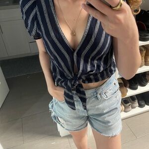 Hollister Navy Striped Tie-Front Crop Blouse
